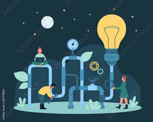 Cartoon tiny people work with idea generator pipeline and pipe system with bright light bulb to generate and control startup innovation. Creative project generation process dark vector illustration.