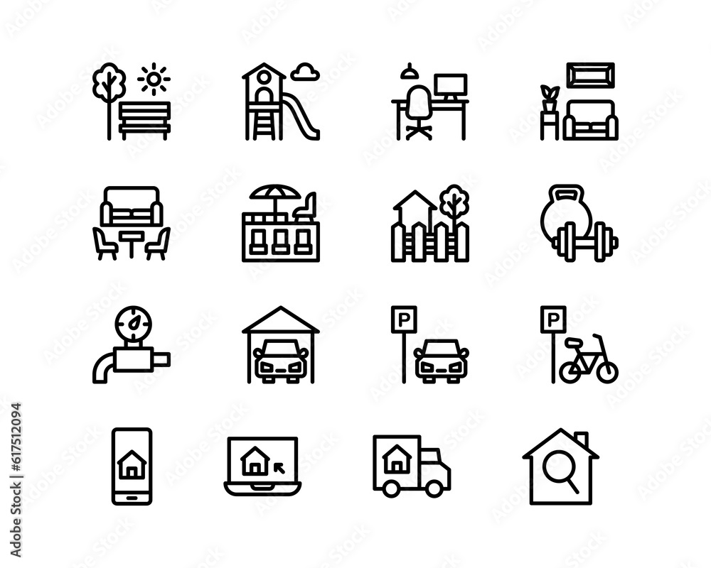 Real estate icon set. Included the icons as living room, garage, parking, rooftop, Area and more. Outline icons collection. simple Vector illustration Real estate icon set. Included the icons as living room, garage, parking, rooftop, Area and more. Outline icons collection. simple Vector illustration