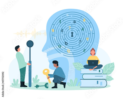 Difficulty in learning, understanding and memory, brain processing vector illustration. Cartoon tiny people holding key to lock in maze of mind with chaos of letters, help with study problems