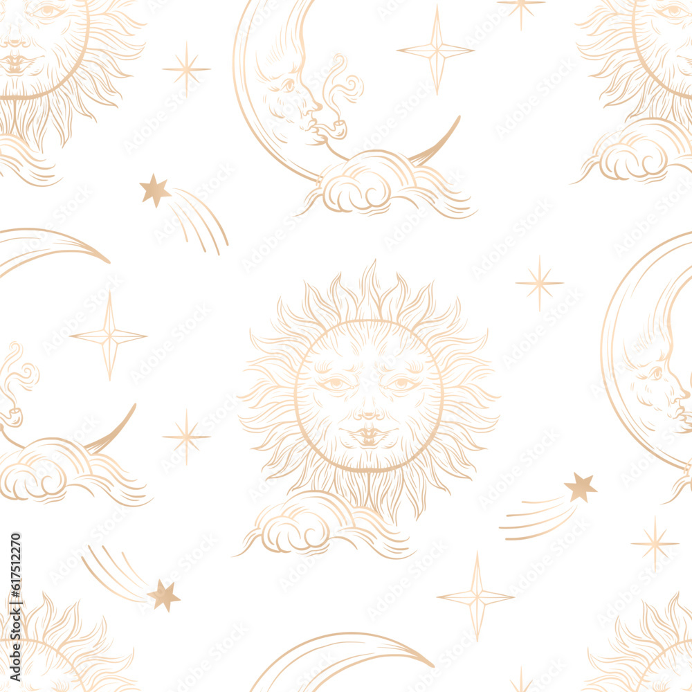 Obraz premium Seamless pattern with golden graphic sun and moon. Vector.