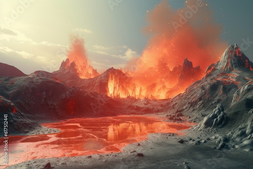 A surreal illustration of a distorted or manipulated natural feature, such as a volcanic landscape or geothermal field, Generative AI