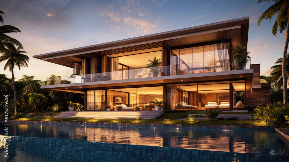 Luxury villa with pool at sunset