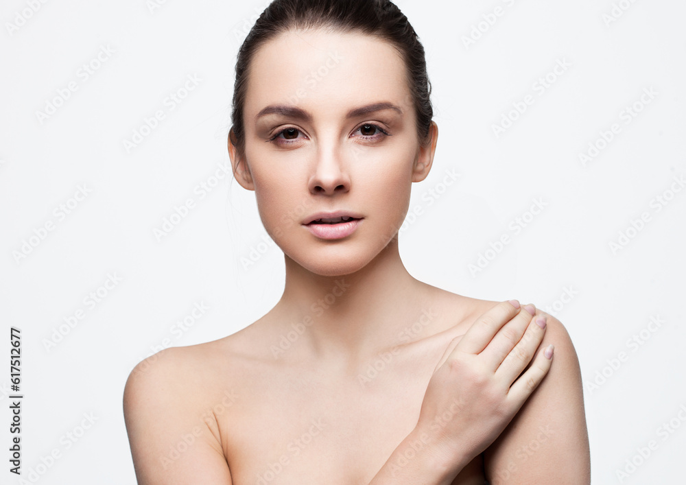 Beautiful woman girl with natural healthy makeup on white background Beautiful woman girl with natural healthy makeup on white background