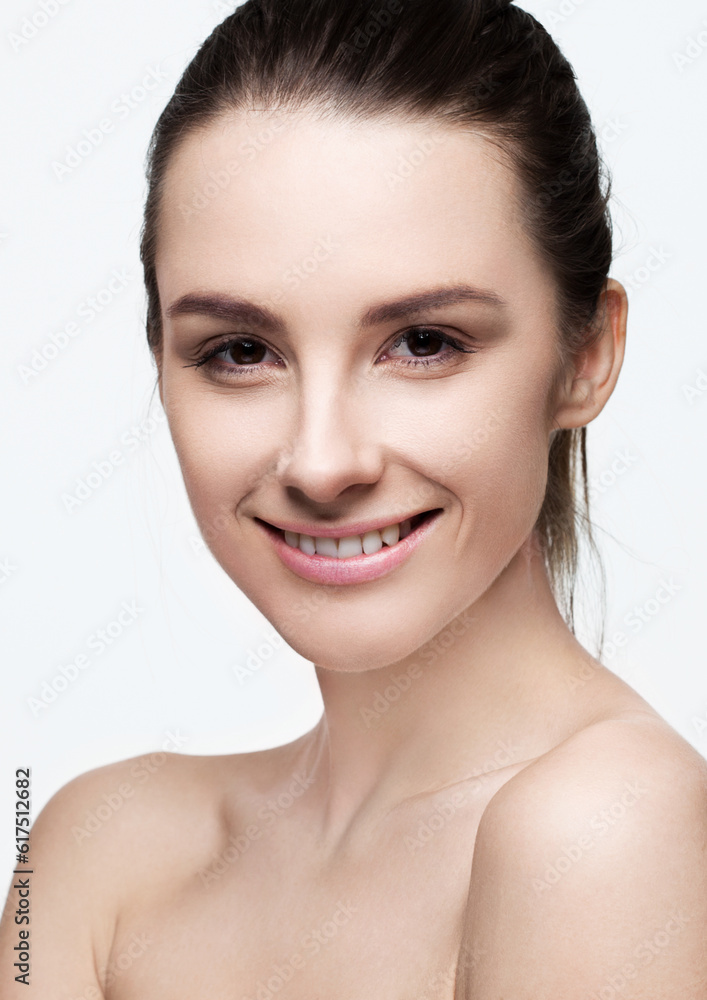 Beautiful woman girl with natural healthy makeup on white background Beautiful woman girl with natural healthy makeup on white background