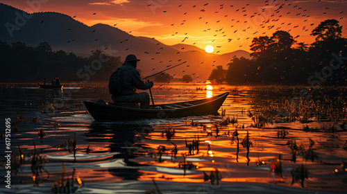 Fisherman of Lake in action when fishing, Thailand,