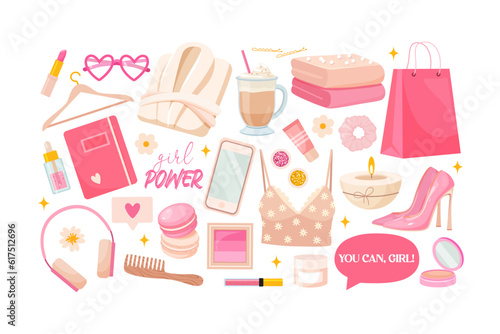 Collection of skin care cosmetics and different girl's stuff symbols