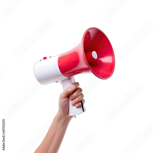  a hand holding a red and white megaphone, ready to make an announcement