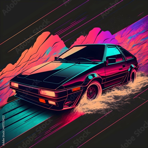 ae86 trueno flip up headlights action shot vaporwave neon epic graphic design drifting japan sharp sharp lines colors synthwave bold lines polygons detailed 4k 