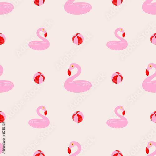 Pink flamingo inflatable ring and balls seamless pattern. Hand drawn textured lino cut style summer illustrations backdrop.