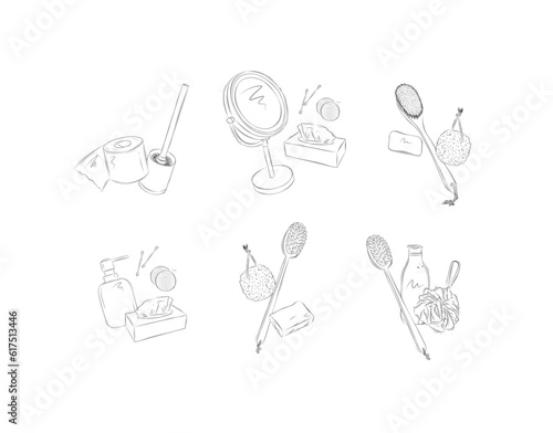 Hygiene compositions with bathroom accessories shampoo, soap, toilet paper, brush, mirror, ear sticks, cosmetic wipes, cotton sponge, pumice stone, bath brush, shower gel, washcloth drawing on white b