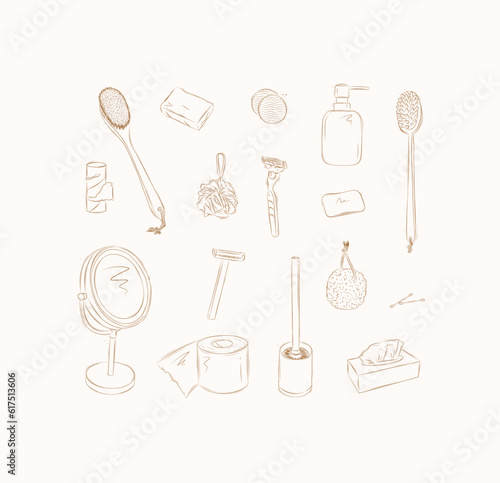 Bathroom accessories elements toilet paper, shower brush, soap, cotton sponge, washcloth, razor, mirror, toilet brush, pumice stone, ear sticks, cosmetic wipes drawing on beige background