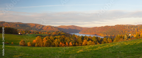 Fototapeta Naklejka Na Ścianę i Meble -  View form hill on the water dam Slapy.Autumn scenery.