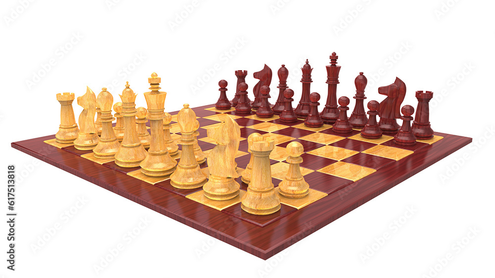 Chess board and pieces with wood texture isolated on white