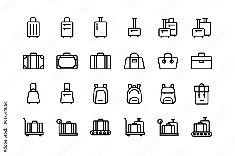 Luggage, baggage, backpacks icon set, adjustable line weight icons, suitcase, backpack, briefcase, purse, travel, symbol, stroke, outline, vector, design, graphic, airport, train station - obrazy, fototapety, plakaty 
