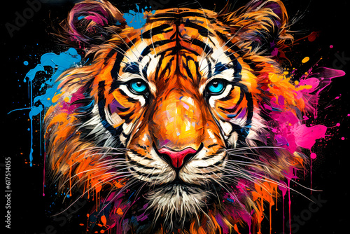 Tiger art color illustration grunge painting on black background with splashes. generative AI