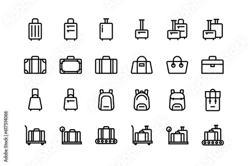 Luggage, baggage, backpacks icon set, adjustable line weight icons, suitcase, backpack, briefcase, purse, travel, symbol, stroke, outline, vector, design, graphic, airport, train station