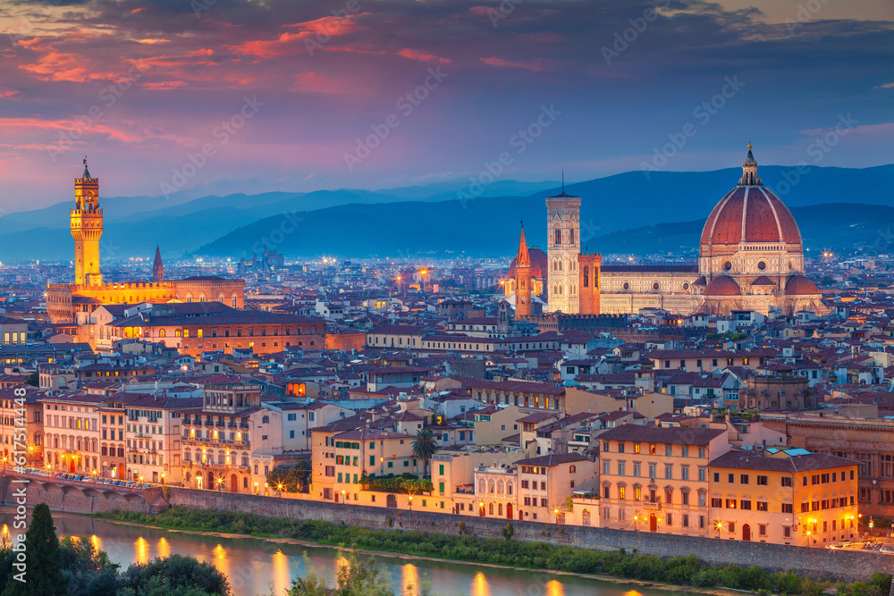 Cityscape image of Florence, Italy during dusk.