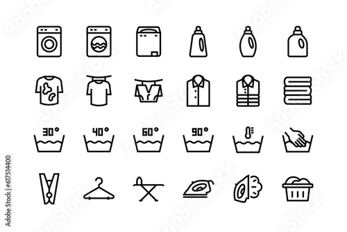 Laundry icon set with adjustable vector line weight including washing machine, washer, detergent, washing equipment, cleaner, basket, hygiene, iron, ironing, temperature, dryer, water, clean icons
