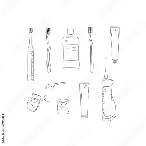 Dental care accessories electric toothbrush, regular toothbrush, mouthwash, toothpaste, tooth gel, dental floss, irrigator drawing on white background