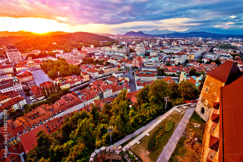 Sunset above Ljubljana aerial view, capital of Slovenia