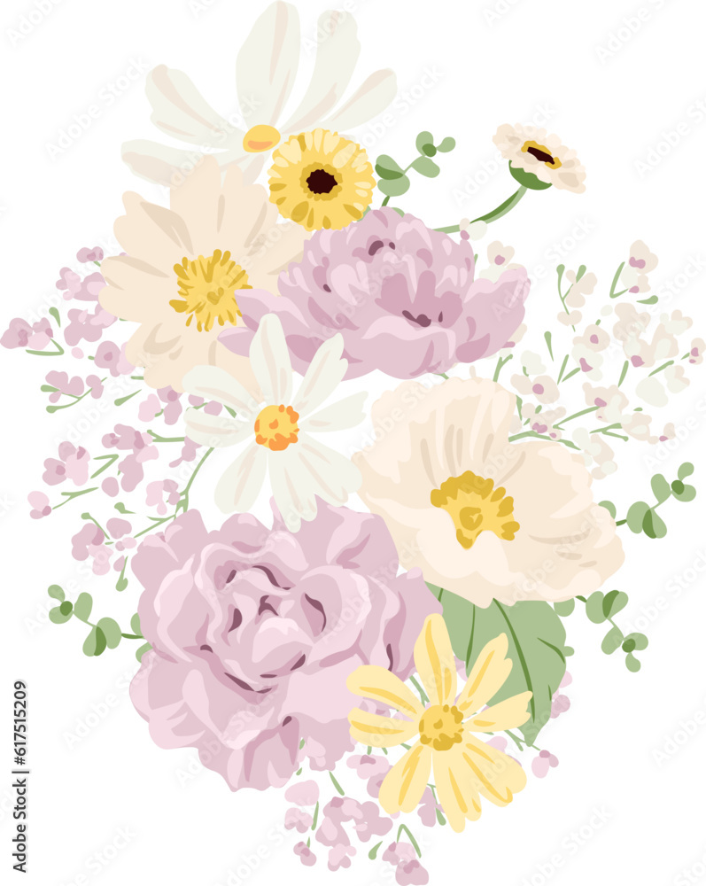 Vector Illustration bouquet of flowers on white in pastel tones
