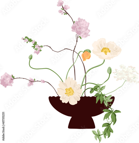 Vector Illustration bouquet of flowers in vase on white in pastel tones