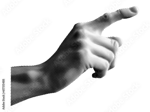 hand with thumb up right pointing gesture sign isolated retro halftone dotted texture vintage collage element for mixed media design