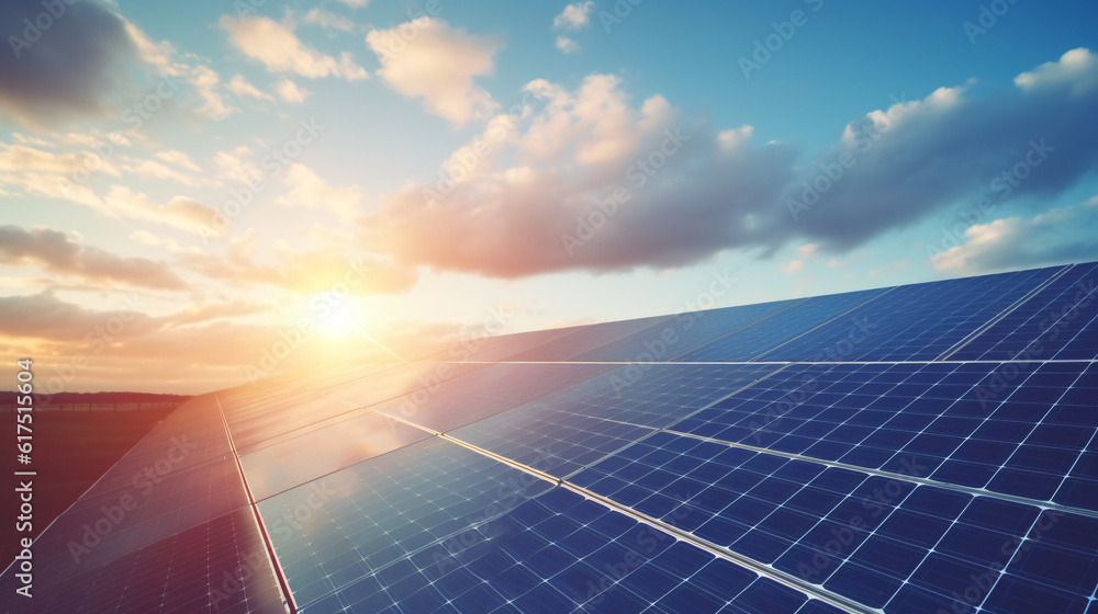 Solar panel with blue sky and sunset. concept clean energy, electric alternative, power in nature - obrazy, fototapety, plakaty 