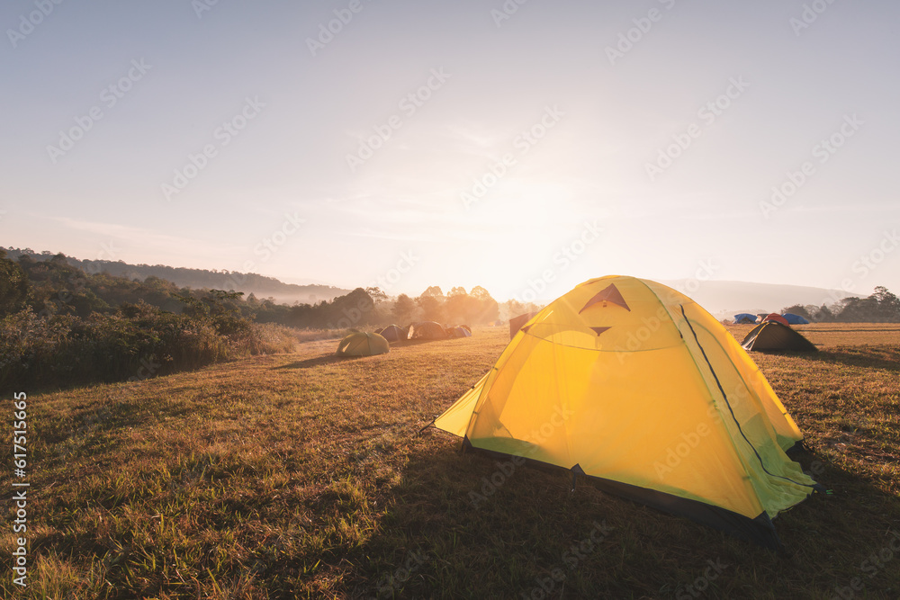 Yellow camping tent on yellow grass hill with warm sunlight from mountain and clear sky in winter season of national park