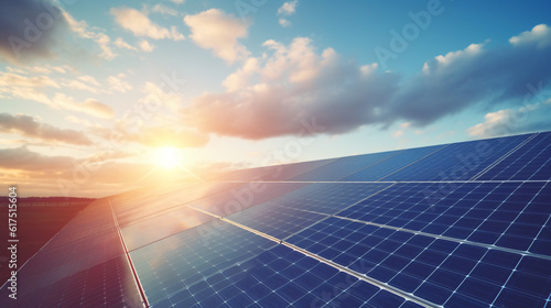 Solar panel with blue sky and sunset. concept clean energy, electric alternative, power in nature