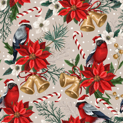 Seamless pattern with poinsettia, bullfinches, bells and white flowers. Vector.