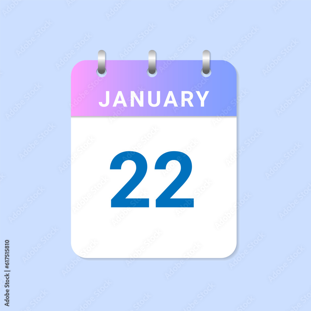 Day of 22nd January. Daily calendar of january month on white paper note. Day of 22nd January. Daily calendar of january month on white paper note.
