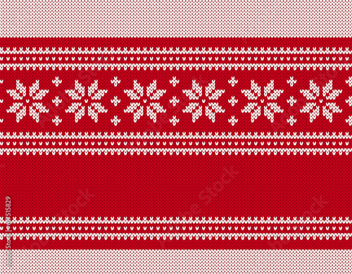 Xmas print with snowflakes. Christmas border. Knit seamless pattern. Red knitted texture. Fair isle traditional ornament. Holiday background. Festive sweater. Vector illustration.