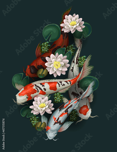 Koi fishes and lotus isolated. Vector.