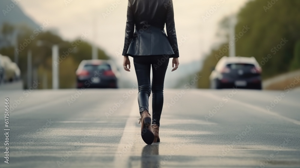 Businesswoman walking on a road to success, close up leather business shoes walking, goal and target concept Businesswoman walking on a road to success, close up leather business shoes walking, goal and target concept