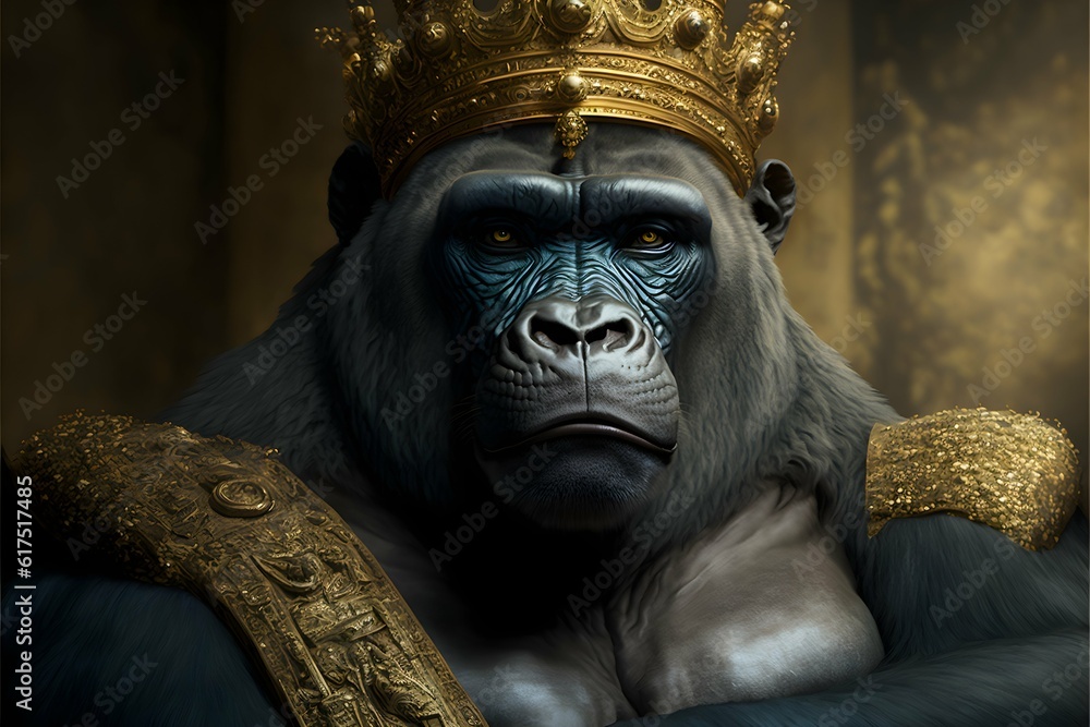 Art portrait of the giant silverback Gorrila king wearing a golden crown stern face serious on his throne Aicore conceptcore folklore dreamcore 3dcore surrealismcore realismcore humanismcore maximum 