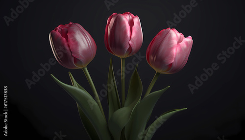 Set of Tulips, isolated on transparent background. 3D render. Hight contrast. Black solid bacground. Created with Generative AI technology.