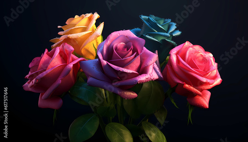  Set of Roses, isolated on transparent background. 3D render. Hight contrast. Black solid bacground. Created with Generative AI technology.