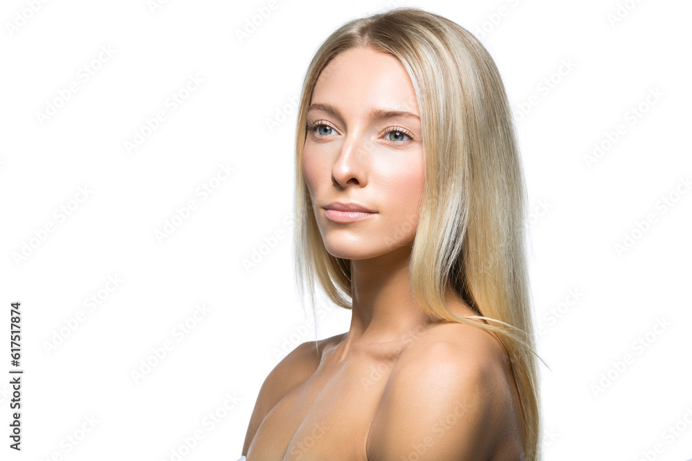 Beautiful young woman with straight blond hair and natural make up isolated on white. Copy space. Beautiful young woman with straight blond hair and natural make up isolated on white. Copy space.