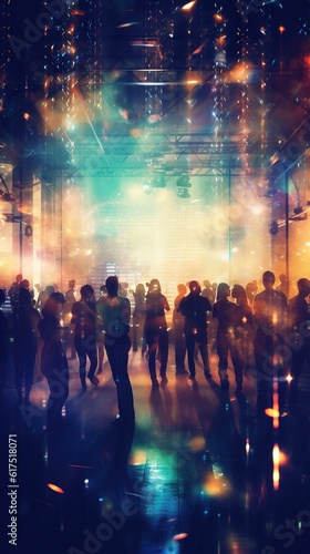 silhouettes of blurry dancing people in colorful dynamic new years party background. Festive Celebration crowd
