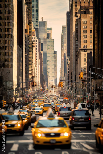 The image captures the frenetic energy of New York City  with cars and people moving quickly through the streets below.