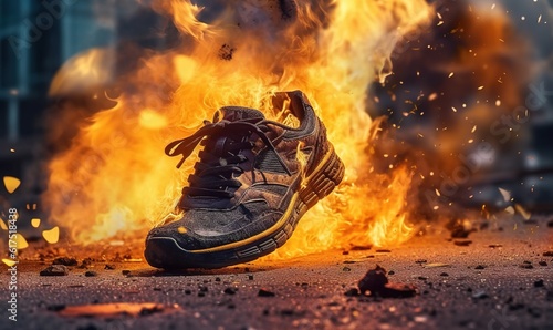 Burning shoes sneaker on the ground, running footwear fire danger concept 