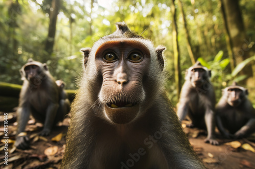 Monkey taking a selfie photo with group of monkeys in the forest. Generative AI.