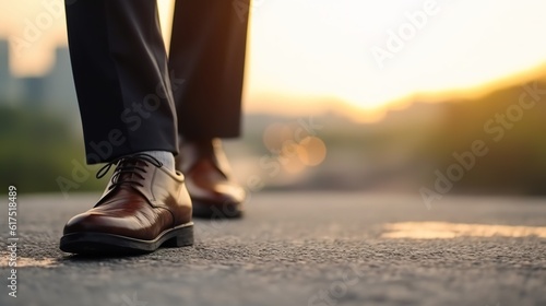 Businessman walking on a road to success, close up leather business shoes walking, goal and target concept