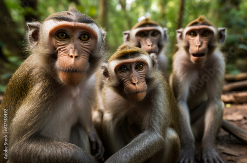 Selfie photo of a group of monkeys in the forest. Generative AI. © Aimages