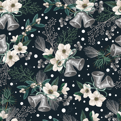 Seamless Christmas pattern with white roses and silver elements. Vector