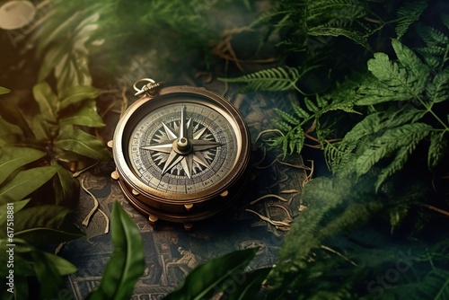 a compass lying on the jungle ground - treasure hunt, travel adventure concept