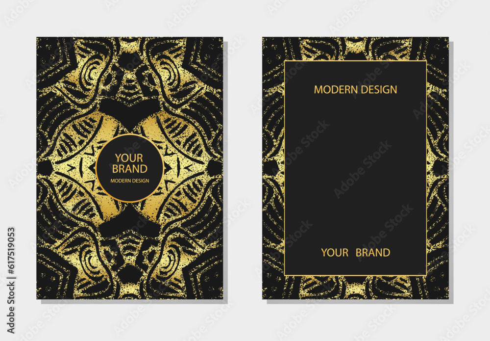 Cover set, vertical templates. Creative embossed geometric background with 3D pattern, gold texture, space for text. Tribal heritage of the peoples of the East, Asia, India, Mexico, Aztec, Peru.