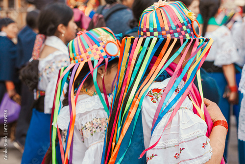 Ceremonia andina Warmi Punlla, donde mujeres indígenas del norte de los andes ecuatorianos bailan en agradecimiento al sol y la pachamama por las cosechas del mes de junio. photo