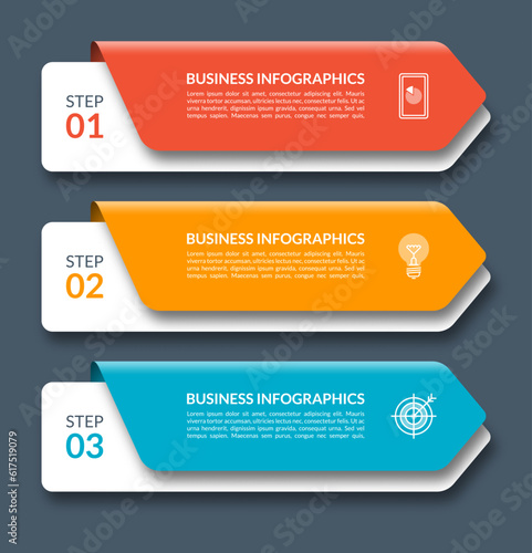 Infographic arrows. Business template with 3 steps, options, parts. Can be used for diagram, chart, web design. Vector illustration.